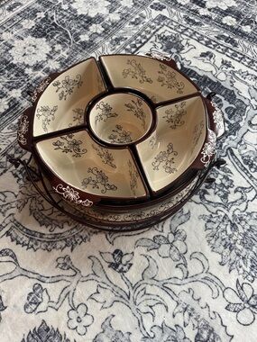 Temp-Tations Brown and Cream Floral Divided Serving Set